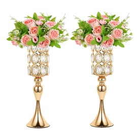 Set of 2 Gold Versatile Vases — 18" Tall Flower Holders Centerpiece Flower Stands with Bling Stones, Gold Trumpet Wedding Flower Vase, for Anniversary, Party, Event, Reception, Home Décor(Gold)