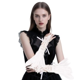 MAOFENG Women's Gothic Goose Feather Gloves Witch Angel Costume Accessories Swan Wings Wrist Bands Lace Fingerless Gloves,White