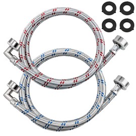 【UPGRADED】4FT Stainless Steel Washer Hoses with 90 Degree Elbows by Beaquicy - 2 Pack No-Lead Burst Proof Hot & Cold Water Connection Inlet Washer Supply Lines