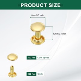 sourcing map 100 Sets Double Cap Leather Rivets, 8x10mm Round Cap Metal Studs Rivets for Leather Craft Repair DIY Purse Belts Bags Shoes, Gold