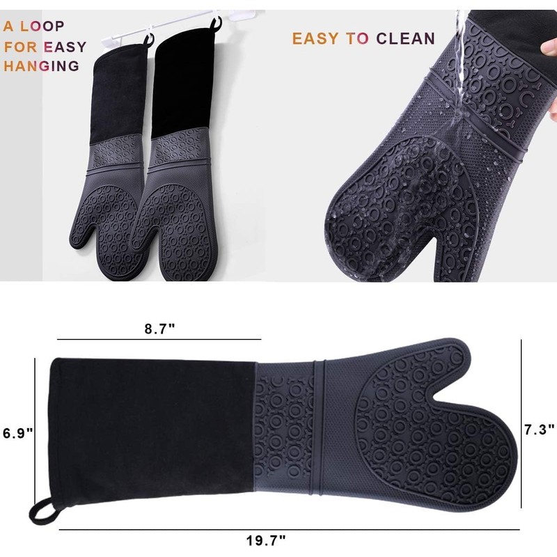 Extra Long Professional Silicone Oven Mitts with Quilted Liner, Durable