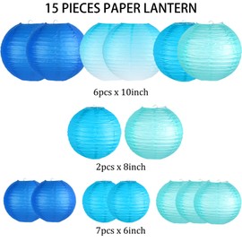 KAXIXI Paper Lanterns Decorative, Gradient Blue Round Hanging Paper Lantern Decorations for Anniversary Graduation Wedding Birthday Party Baby Shower Decorations, 15Pcs