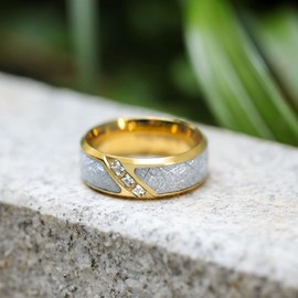 Greenpod 8mm Stainless Steel Wedding Ring for Men 24K Gold Meteorite Inlay Princess Cut Cubic Zirconia CZ Engagement Ring Dome Polished Size 14.5