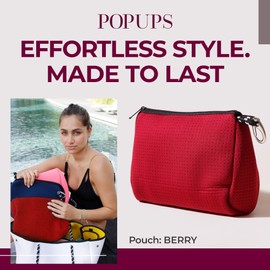 POPUPS Large Makeup Bag with Zipper, Burgundy- Waterproof Neoprene Cosmetic Bag 7.7 x 10.75 x 5 inches