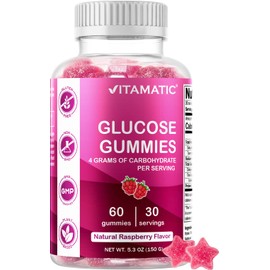 Vitamatic Glucose Chweble Gummies - 60 Count - Natural Raspberry Flavor - 4G of Carbohydrate per Serving