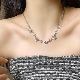 Cybche Boho Bead Floral Necklace Silver Daisy Flower Necklace Bead Flower Choker Necklace Cz Floral Pendent Necklace Flower Beads Necklace Jewelry for Women