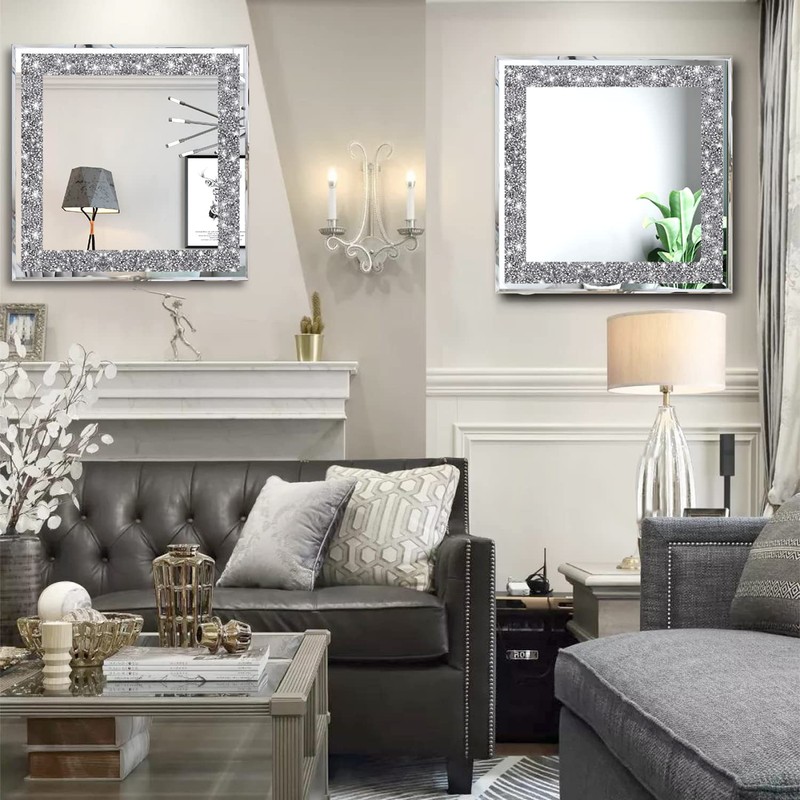 XIHACTY 2 Piece Wall Mirrors, Crush Diamond Mirrors Decor, Silver