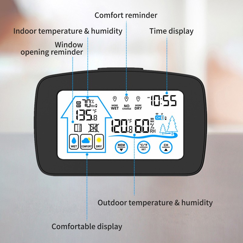 Indoor & Outdoor Hygrometer Thermometer with Time Backlight LCD Display
