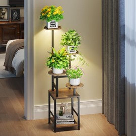 Round Plant Stand Indoor with Grow Light, 5-Tiered Tall Plant Stand Indoor, Metal Plant Shelf with Hanging Basket Hook and Adjustable Light, Ideal for Living Room, Garden, Patio (Black Brown)