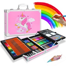 Set de Arte, 145 Piezas Kit de Dibujo con Estuche Organizador Portatil, Juego de Dibujo con Aquarelas, Plumones, Colores para Niños, Estudiantes, Principiantes, Suministros de Arte Escolar (Rosado)