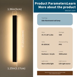 Daoseolo Modern Outdoor Wall Sconce, 47inch LED Wall Mounted Light, 3000K Warm White, IP65 Waterproof, Black Aluminium, AC 85-265V, Minimalist Long Light Fixture for Patio, Garage, Yard, Gardens