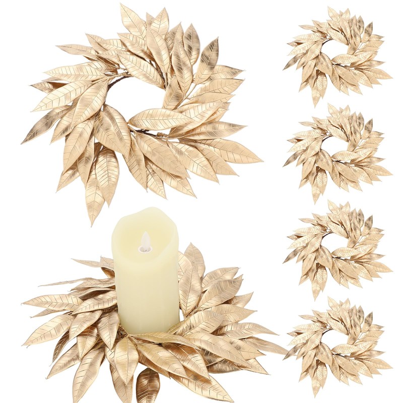 4 Pcs Christmas Artificial Gold Bay Leaf Candle Rings Gold