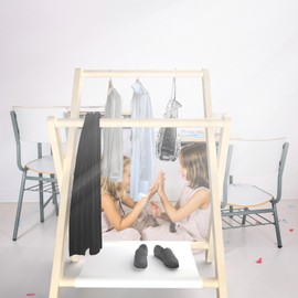 Kids Clothing Rack,Kids Dress Up Rack with Bottom Storage Shelf & Double Hanging Rods,Small and Foldable,Kids Clothes Rack for Nursery Child's Room, Wood (H054-Natural)