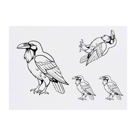 4 x 'Cartoon Raven' Temporary Tattoos - Water Resistant, Skin-Safe, Non-Toxic Transfers, Mixed Sizes (TO00073528)