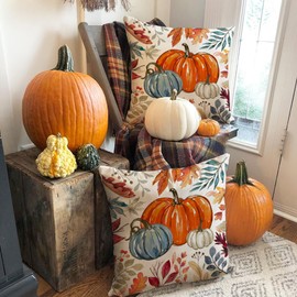 RABUSOFA Fall Pillow Covers 18x18 Set of 2 Decoration Pumpkin Maple Leaves Orange Blue Decor Autumn Thanksgiving Outdoor Farmhouse Cushion Cases for Sofa Bed Couch Indoor Home (Orange, 18"X18")