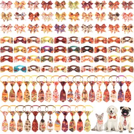 Reginary 100 Pieces Fall Thanksgiving Day Dog Bow Tie Collar Set Include 40 Dog Neckties, 30 Puppy Bow Tie, 30 Collar Flowers, Adjustable Pet Bowties Grooming for Small Medium Cats Pets Supply