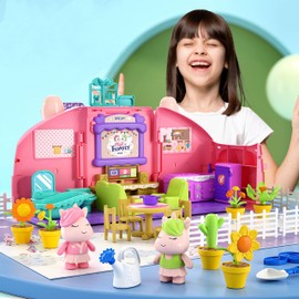 Unicorn Themed House Scene Simulation Compact Playset toy set, with lighting and sound effects, equipped with 17 homeaccessories, 2 image dolls, stickers and instructions, Travel Toy for Children