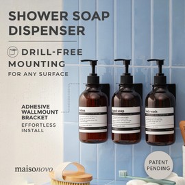 MaisoNovo Shampoo and Conditioner Dispenser - Shower Soap Dispenser Wall Mounted - 16.9 fl oz Set of 3 Amber Plastic Bottles Black Pump - 3 Chamber No Drill