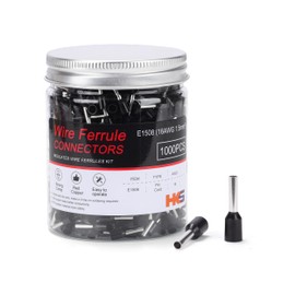 HKS 1000PCS Wire Ferrule Connectors - AWG 16-1.5mm² Copper Barrel Pin Cord Ends Insulated Ferrules Terminals - E1508 Black