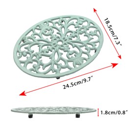 SUMTree Oval Cast Iron Trivet, Decorative Heavy Duty Hot Pot Holder Mat, Vintage Pattern Cast Iron Trivet with Rubber Pegs for Kitchen Dining Table, 24.5 * 18.5 * 1.8cm, Green