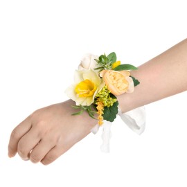 Ling's Moment 6pcs Homecoming Wedding Wrist Corsage Artificial Flowers, Girl/Mother Prom Corsages Wristlet Décor, etc. Yellow Blush