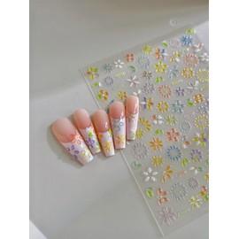 LINMEIZAI Flowers Nail Art Stickers - 5D Embossed Floral Decals Self-Adhesive Manicure Sliders Five-Petal Flower Decoration Supplies