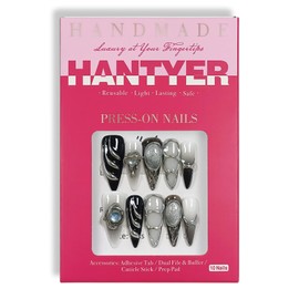 Hantyer Gothic Press on Nails with Tools Kit, 10pcs Long Stiletto Glossy Nails in Black & Metallic Silver, Hand-Painted 3D Art & Round Cat Eye Charms, Edgy Style for Concerts & Parties (Size S)