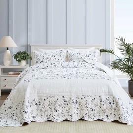 SahSahCasa 120"x102" 100% Cotton Oversized Queen Bedspread Coverlet Quilt Set, Floral Queen Quilted Bedspread Extra Large Quilt, XL Bed Spread Lightweight Comforter, 3pc, Blue/White