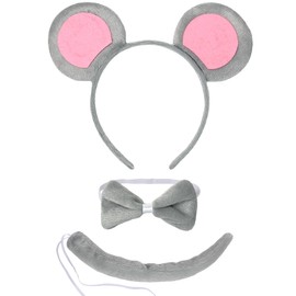 Snwquik 3 Pcs Mouse Ears Headband Mouse Costume Accessories Kids,Grey Rat Ears Headband/Tail/Bow Tie for Girls Cosplay Set