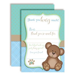 Teddy Bear Boy Themed Thank You Notes for Kids, Ten 4" x 5.5" Fill In the Blank Cards with 10 White Envelopes by AmandaCreation