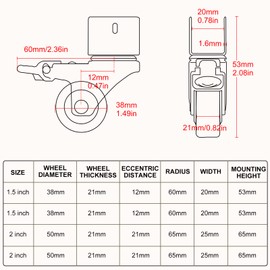 CPROSP Furniture Casters, 4 Swivel Casters with Brake, Diameter 38 mm, U-shaped Bracket, Rubber Wheels, Load Capacity 60 kg, for Furniture, Walkers, Flower Stands