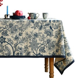ISAENNE French Floral Tablecloth for Rectangle Tables,Linen Table Cloth with Blue Flowers Pattern,Heavy Durable Table Cover for Dining Kitchen Decor Party Banquet Christmas,55"*79"