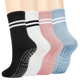 4 Pairs Pilates Socks Women Yoga Socks with Grips for Women-Non-Slip Yoga Socks for Ballet Dance Barefoot Workout Pregnant Crew Socks Support floor Breathable Soft Sport Socks