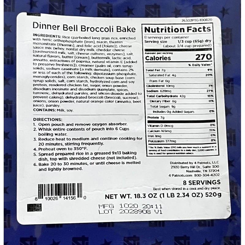 4Patriots Dinner Bell Broccoli Bake Survival Emergency Camping Food 8