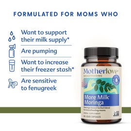 Motherlove More Milk Moringa (120 Capsule Value Size) Moringa-Based Lactation Supplement to Support Breast Milk Supply—Non-GMO, Organic Herbs, Vegan, Kosher