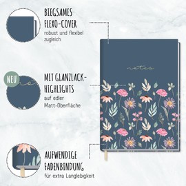 Notebook A5 Squared [Flying Flowers] | 124 Pages, 62 Sheets | Ideal as a Diary, Bullet Journal, Idea Book, Writing Book | Climate Friendly and Sustainable