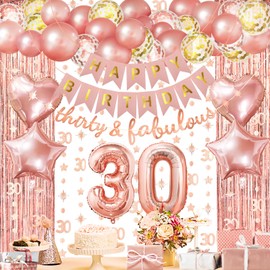 ZERODECO Rose Gold Birthday Party Decorations 30th, Happy Birthday Banner 30th Theme Banner Fringe Curtain 30 Garland Heart Star Foil Confetti Balloons for Women Girls Queen Princess Birthday Party