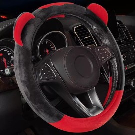 HUILI Universal fit 15'' Car Steering Wheel Cover Soft Comfortable Fuzzy Red Cute Ears