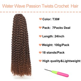 Mscat 7 Packs Passion Twist Water Wave Crochet Hair - 24 Inch Ombre Dark Brown Twists - Bohemian Synthetic Hair Extensions