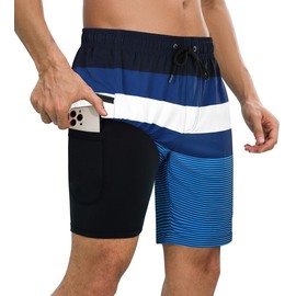 SHEKINI Men's Swimming Trunks with Zip Pockets, Swimming Shorts for Men, Quick-Drying Swimming Trunks for Men, Black & Blue Striped