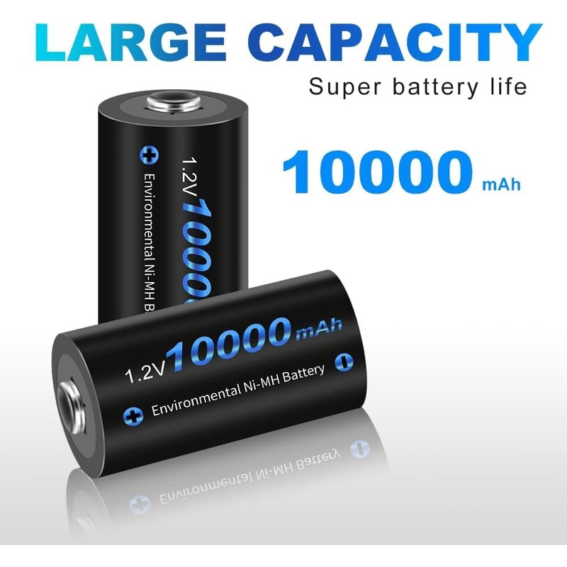 CITYORK 4 Pack 10000mAh Rechargeable D Batteries, 1.2V Ni-MH High