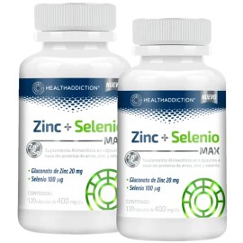 Healthaddiction - Zinc + Selenio Max - Suplemento Alimenticio Con Minerales Esenciales - Apoyo Nutricional Diario - 2 Frasco Con 60 Cápsulas De 400 Mg - Libre De Aditivos Artificiales