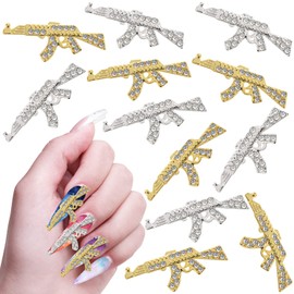 12 Pcs Diamonds Gun Nail Charms, MIKIMIQI Alloy Gun Nail Art Charms Metal AK Nail Art Decorations 3D Rifle Gun Nail Rhinestones for Nail Art Craft Retro Nail Accessories (Silver Gold)
