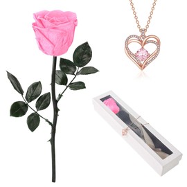 OSIAX Flowers for Delivery Prime,Single Preserved Rose with Necklace for Women,Real Roses Gift Set for Her,Mom Birthday Gifts from Daughter, Valentines Flowers (Pink)
