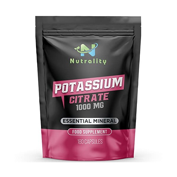 Nutrality Potassium Citrate 1000mg - 180 Capsules High Strength Potassium Supplement 90-Day Supply - Nervous System, Muscle Contraction, Keto-Friendly - Made in Europe