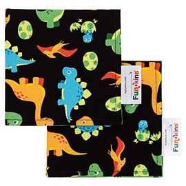 Funkins Reusable Cloth Napkins for Kids | 12”x12”, 2-Ply, Thick, Absorbent, Durable, Machine Washable, Name Tag, Soft Cotton Fabric, Great for School Lunchboxes, Set of 2 Napkins, Black Dinosaurs