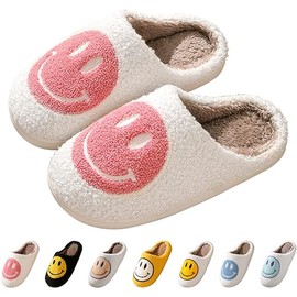Pantuflas de cara sonriente para mujer, pantuflas de felpa suave, pantuflas retro con cara sonriente, pantuflas de cara feliz, pantuflas acogedoras para interiores y exteriores, zapatos