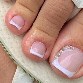 French Tip Press on Toenails White Full Cover Fake Toenails Short Square Summer False Toenails Cute Toe Nails Press ons with Elegant Rhinestone Border Design Glossy Toenails for Women Girls 24 Pcs