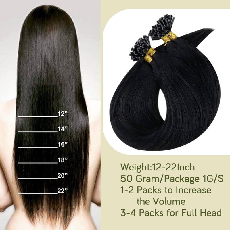 RUNATURE U Tip Hair Extensions Black Human Hair Keratin Hair