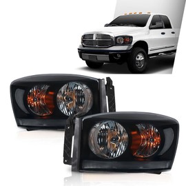 ALLGOOD Headlights w/Bulb & Light Bar Compatible with Dodge Ram 1500 2006-2008/Fit Dodge Ram 2500 3500 2006-2009, Headlamps Assembly Left & Right Side 1Pair, Smoky Lens Black Housing Clear Reflector